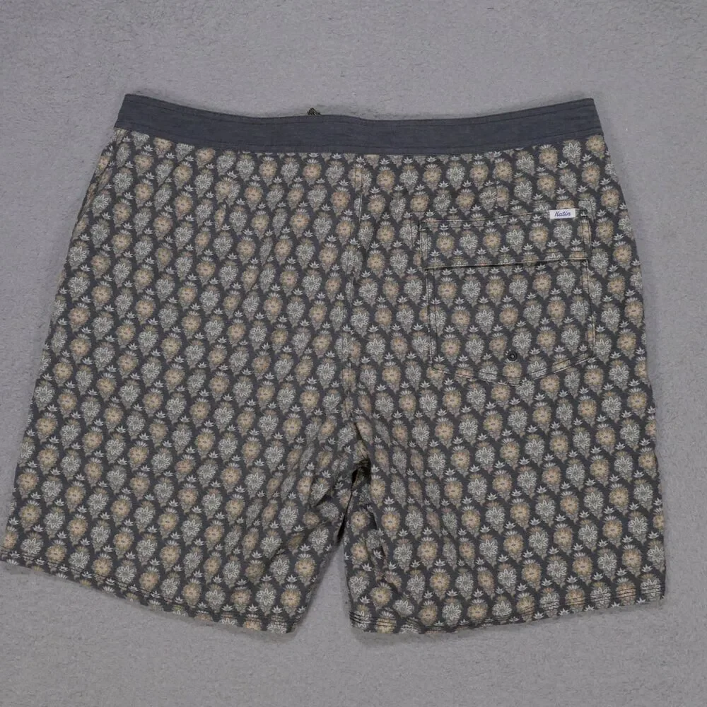 Katin Mens Board Shorts 38 Gray Floral Swim Trunks Drawstring